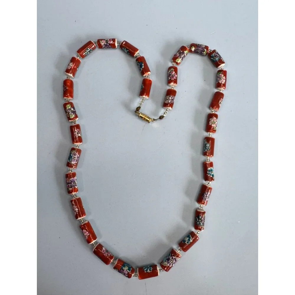 Vintage Chinese Cloisonne Floral Glass Bead Necklace With Barrel Clasp 22" Red M - Picture 4 of 9